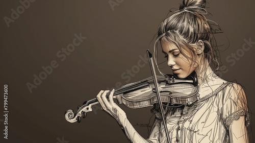 This continuous line drawing illustrates a young happy female violinist performing a violin performance on a music festival concert. It's a performance concept of a music artist performing on the photo