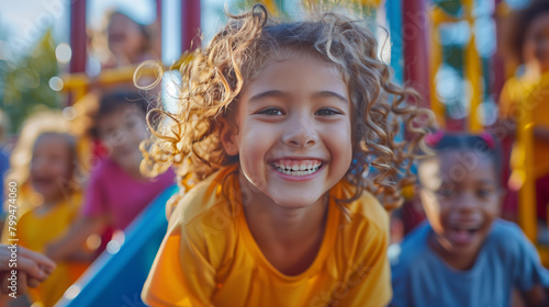 A group of children playing joyfully in a colorful playground, their laughter echoing in the air as they swing, slide, and run with carefree abandon, embodying the pure joy and innocence of childhood.