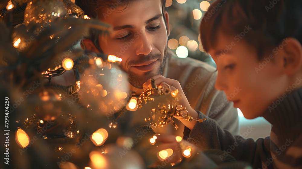 A family decorating a Christmas tree together, surrounded by twinkling lights and colorful ornaments, capturing the festive spirit and joy of holiday celebrations. A family decorating a Christmas tree together, surrounded by twinkling lights and colorful ornaments, capturing the festive spirit and joy of holiday celebrations.