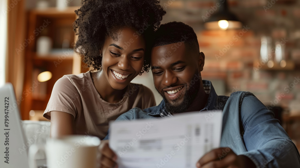 Fototapeta premium Couple smiles reviewing financials, celebrating stability and security through disciplined saving, smart management.