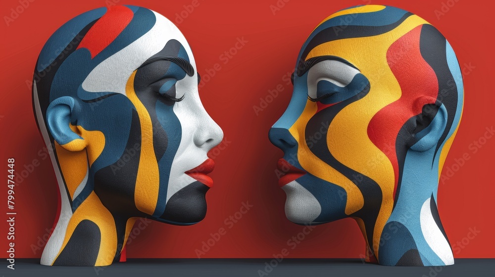 Two heads with painted faces facing each other on a red background, AI