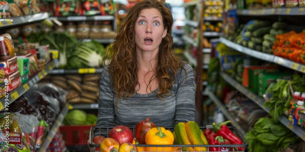 woman with a surprised expression in a grocery store, reacting to the high prices she sees while shopping for groceries.