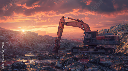 Powerful Excavator at Sunset: A 3D Rendering of Strength and Beauty in Natural Light