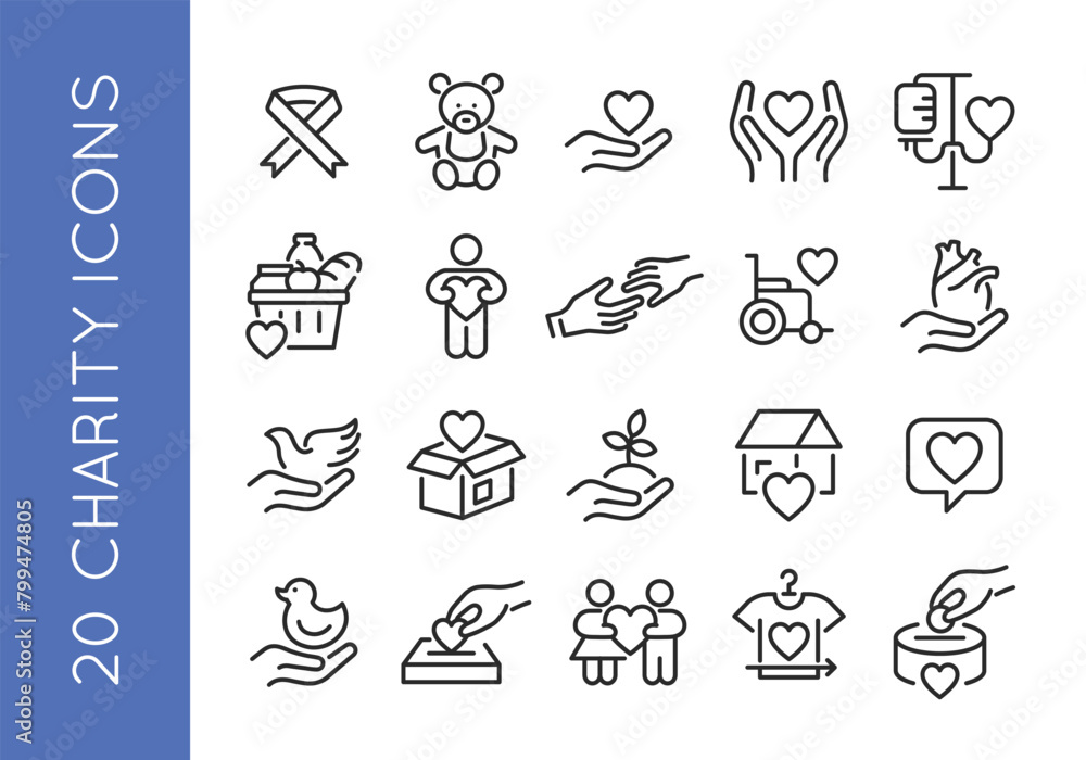Charity icons. Set of 20 trendy minimal icons depicting various aspects of charity and giving, including Awareness Ribbon, Hands Holding Heart, and Family icon. Vector illustration