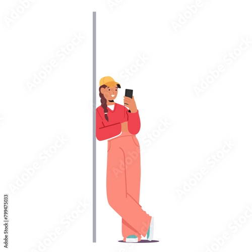 Young Woman In Modern Wear Leaning Against A Wall, Holding A Cell Phone. Female Character Wears A Stylish Hat