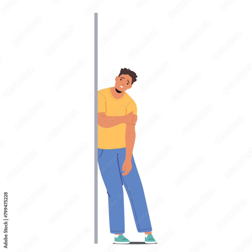 Weary Male Character Figure with Slumped Shoulders, Rests Against The Wall, Eyes Downcast, Vector Illustration Weary Male Character Figure with Slumped Shoulders, Rests Against The Wall, Eyes Downcast, Vector Illustration