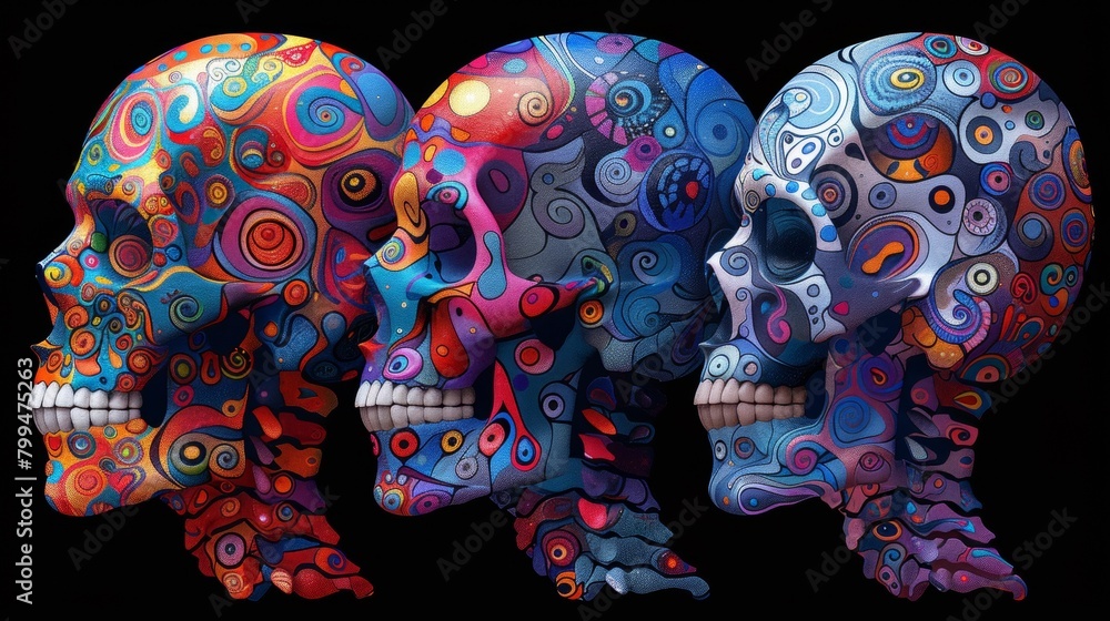 Obraz premium Three colorful skulls are painted on a black background, AI
