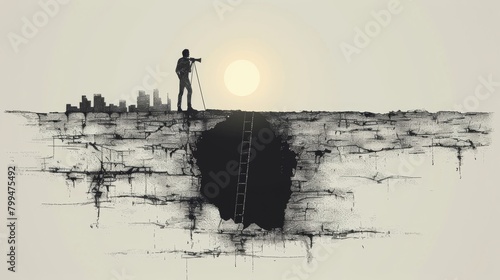 A businessman climbs out of a hole using a ladder and binoculars. Business vision and problem solving concept. Call symbol. photo