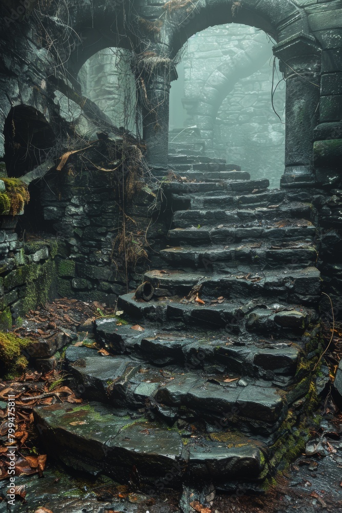 Obraz premium A stone steps leading up to a cave with moss and plants, AI