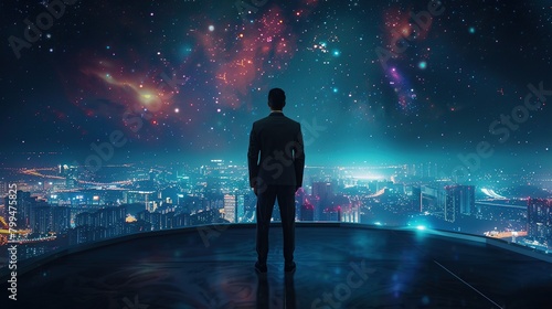 A man is standing on a rooftop overlooking a city. The sky is dark and there are many stars. The city is lit up by the lights of the buildings.