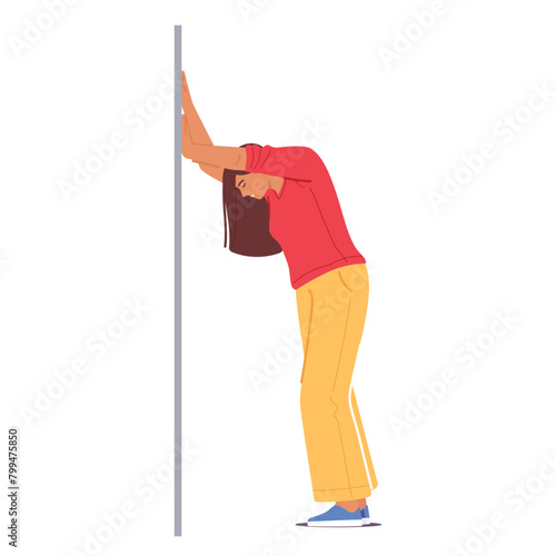 Tired Woman In Sportswear Leaning Against A Wall, With Her Arm Resting On The Wall And Her Knee Slightly Bent
