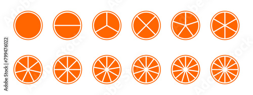 Orange circles divided into fractions from 1 to 12 isolated on white background. Round shapes cut in equal parts. Simple circular diagrams, statistic wheels, business charts. Vector flat illustration.