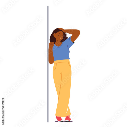 Distressed Black Woman Rests Against A Wall, Her Posture Conveying Sorrow Or Frustration, Cartoon Vector Illustration