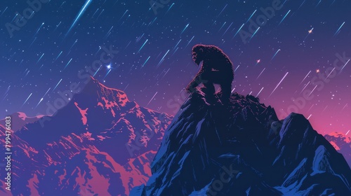 Stylized image of king kong observing the starry sky on a mountain peak in neon colors