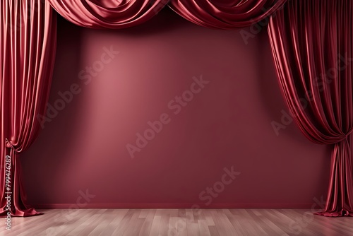  luxury red maroon empty wall in a room with silk curtain drapes. Template for product presentation. Living, gallery, studio, office concept, Mockup 3D rendering 