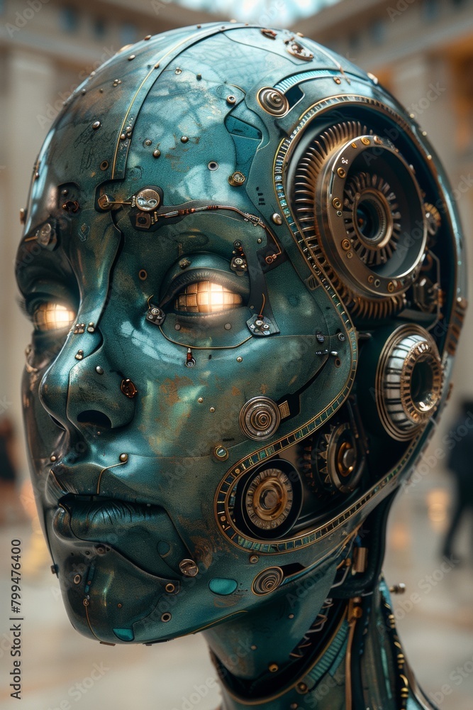 A close up of a blue head with gears and lights, AI A close up of a blue head with gears and lights, AI