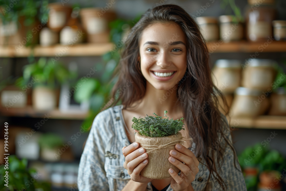 Obraz premium A happy customer discovering eco-friendly and sustainable products, their purchase aligning with their values and beliefs. Concept of conscious online shopping. Generative Ai.