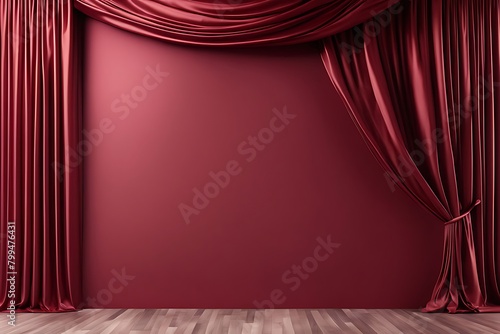  luxury red maroon empty wall in a room with silk curtain drapes. Template for product presentation. Living, gallery, studio, office concept, Mockup 3D rendering 