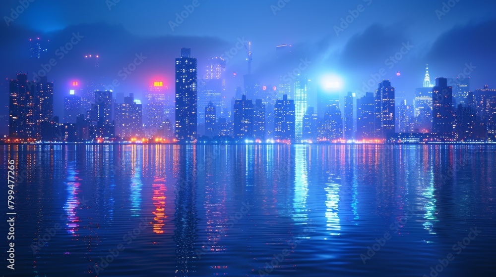 A city skyline lit up at night over a body of water, AI