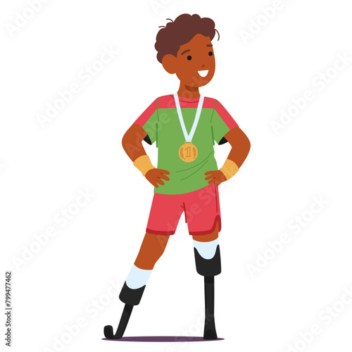 Boy Sportsman With A Prosthetic Leg, Clad In A Uniform, Is Wearing A Medal Around His Neck, Symbol Of His Bravery