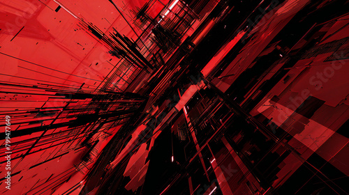 Modern Artistry: Red Metallic Abstraction with Black Cyber Lines and Geometric Shapes photo