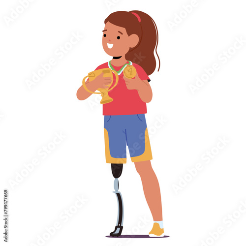 Girl With A Prosthetic Leg Wearing A Uniform Holding A Trophy And Medal With A Proud. Resilient Child Character Triumphs