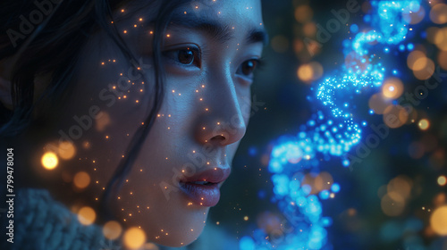 Young Asian Woman Illuminated by Bioluminescent Particles