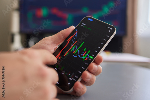 Wallpaper Mural Crypto trader investor broker holding finger using cell phone app executing financial stock trade market trading order to buy or sell cryptocurrency shares thinking of investment risks profit concept. Torontodigital.ca