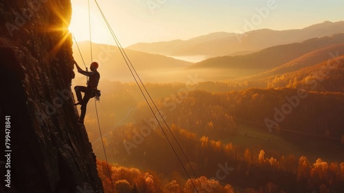 Silhouette of brave heroic man trying to climb with rope in mountain valley at sunset