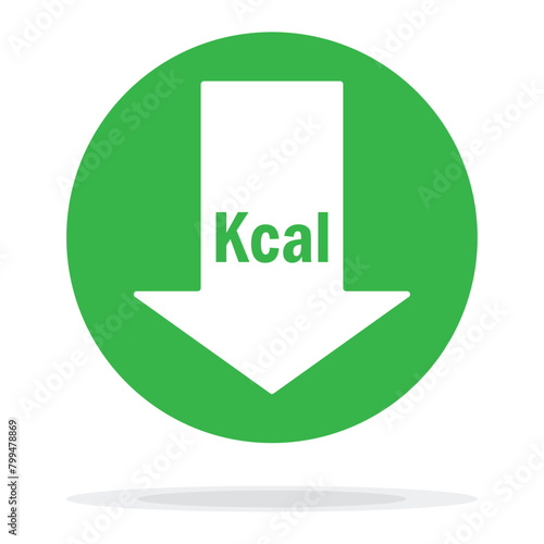 Calories reduction icon. Low kilocalories graphics sign with arrow. Kcal reduction isolated symbol on white background. Symbol of healthy nutrition. Vector illustration. Kilocalorie symbol emblem.