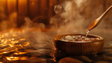 Invigorating Aufguss Experience: Skillful Steam Infusion in the Sauna with a Scoop of Water Over Steaming Hot Sauna Stones