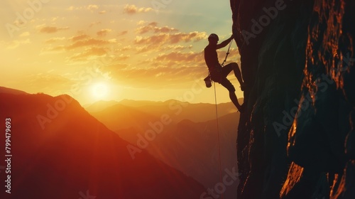Silhouette of brave heroic man trying to climb with rope in mountain valley at sunset © jongaNU