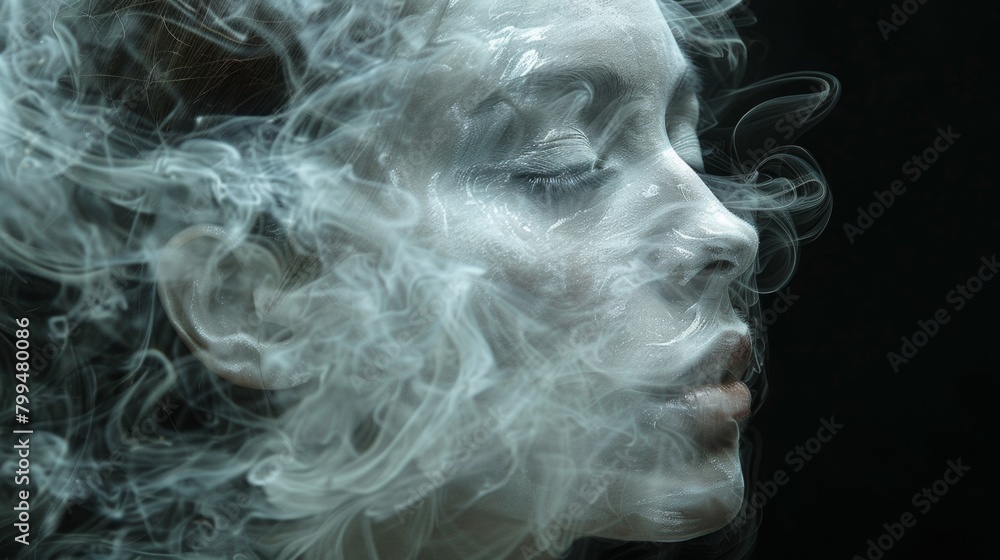 A woman with smoke coming out of her mouth and eyes, AI