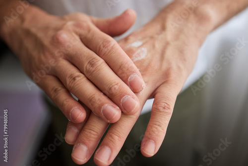 The man's hand, he uses steroids Apply External type. photo