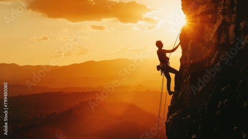 Silhouette of brave heroic man trying to climb with rope in mountain valley at sunset