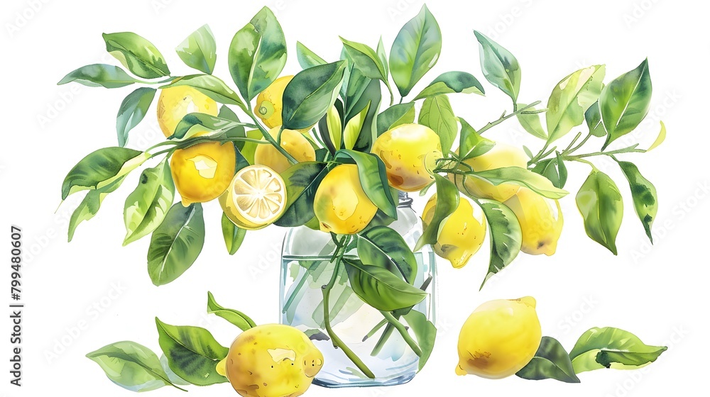 Lemon branch in glass vase watercolor illustration, isolated on white background. For greeting cards, stickers, mugs, t-shirts, posters, prints. Composition with yellow lemon tree, green summer leaves