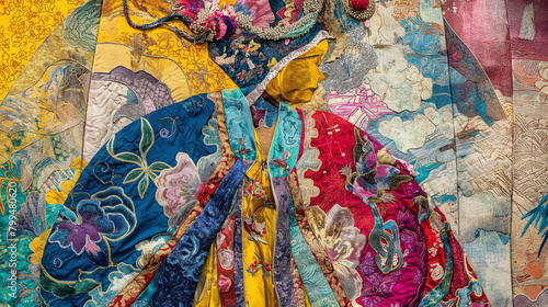 An artistic collage presenting a close-up view of a Vidra adorned in colorful Chinese garments, with each quadrant highlighting unique details such as intricate embroidery, ornate