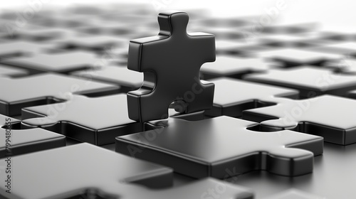 3d rendering of black puzzle piece in front of puzzle pieces