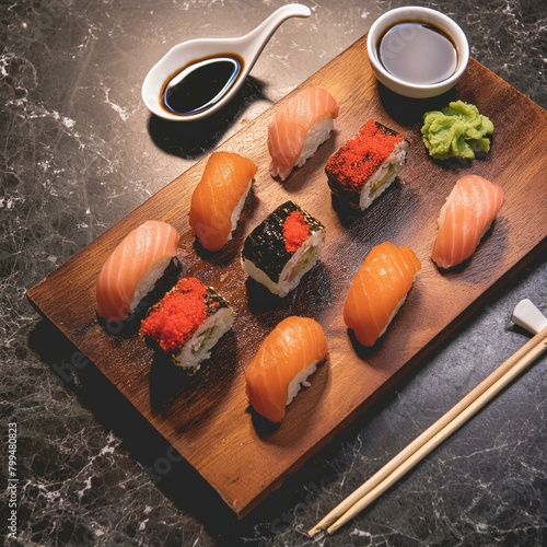 sushi pieces on a wooden table and black marble backgorund
