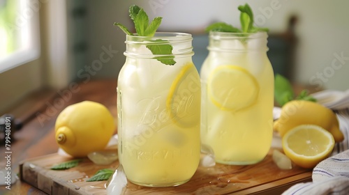 Lemonade. Mason jar glasses of lemonade with mint