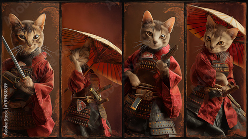 A whimsical collage featuring four adorable images of a cute Vidra dressed as a samurai, with each quadrant capturing the creature's playful antics and endearing gestures, as she s © Nati