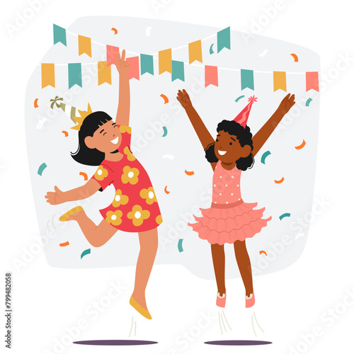 Two Little Girls Jumping In The Air At A Birthday Party With Happy Gestures. Characters Giggling, Arms Raised