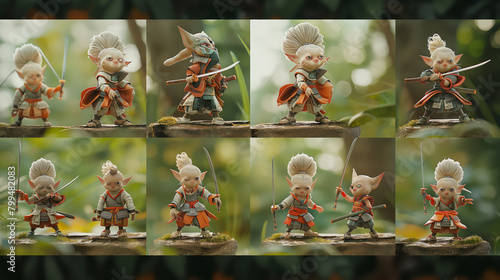 A dynamic montage showcasing a cute Vidra in various samurai-inspired poses and gestures, with each quadrant depicting the creature exploring the art of bushido, practicing discipl photo