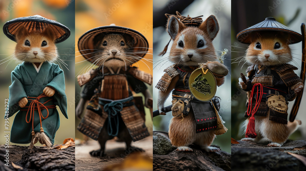 A charming collage featuring four adorable images of a cute Vidra dressed in a samurai costume, with each quadrant capturing the creature's playful spirit and adventurous personali