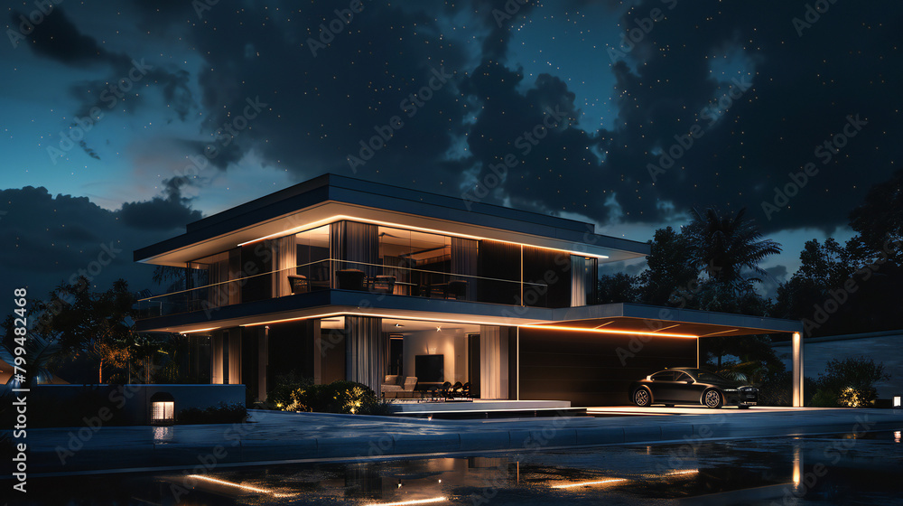 A Modern Cubic Villa: A Sleek and Stunning Nighttime Retreat Nestled Against the Starry Sky