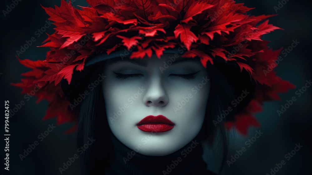 Beautiful young woman with a wreath of red leaves on her head