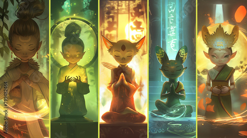 A dynamic montage showcasing a cute Vidra in various Buddhist-inspired poses and gestures, with each quadrant depicting the creature engaged in different activities such as chantin photo