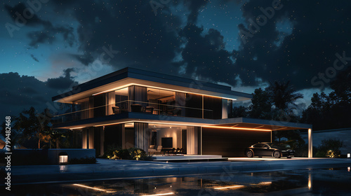 A Modern Cubic Villa: A Sleek and Stunning Nighttime Retreat Nestled Against the Starry Sky © Tharshan