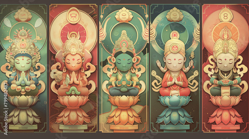 A dynamic montage showcasing a cute Vidra in various Buddhist-inspired poses and gestures, with each quadrant depicting the creature engaged in different activities such as chantin