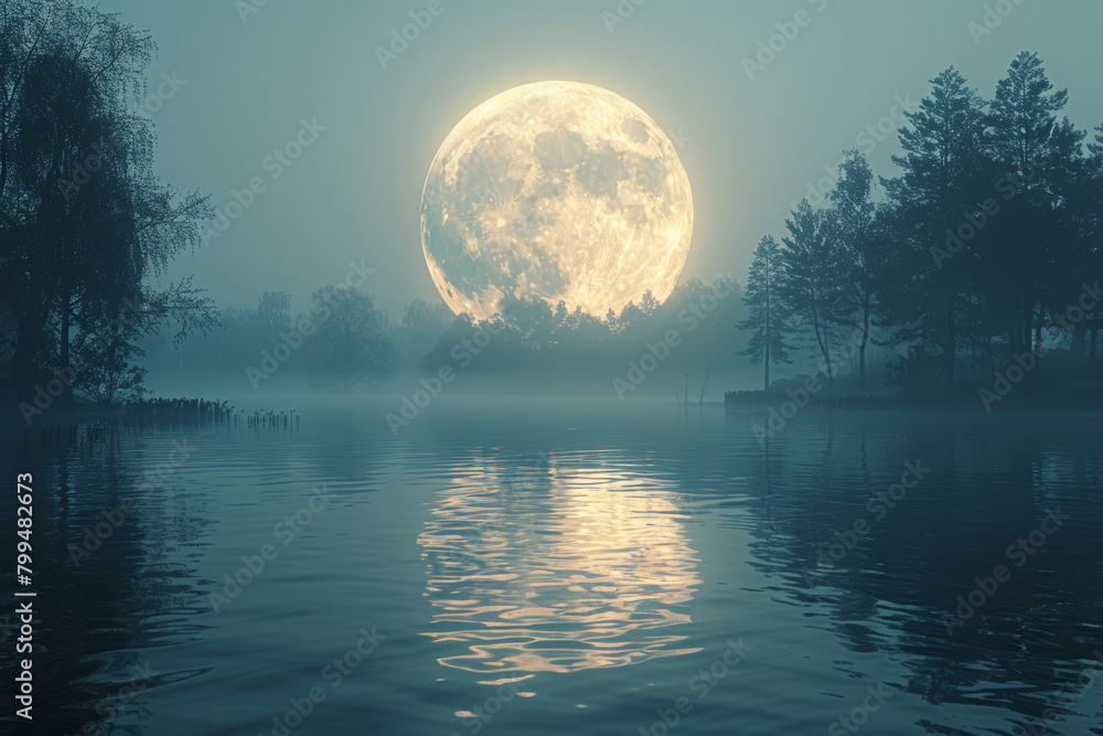 The ethereal glow of a full moon casting its silver light over a tranquil lake, creating a mesmerizing reflection. Concept of nocturnal beauty. Generative Ai. The ethereal glow of a full moon casting its silver light over a tranquil lake, creating a mesmerizing reflection. Concept of nocturnal beauty. Generative Ai.